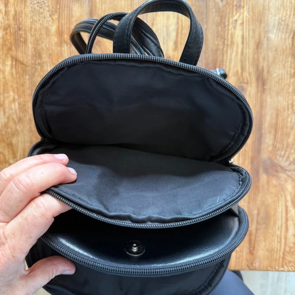 Aurielle Black Leather Mini Backpack Purse Silver Hardware Multi Pocket Travel